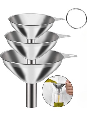 Rafta Mallart® Paslanmaz Çelik Mini Huni Seti (3'lü) - 7.5 Cm, 5.5 Cm, 4.5 cm Dar Ağızlı Sıvı ve Baharat Hunisi, Tutucu Halkalı Mutfak ve Şişe Aktarma Seti