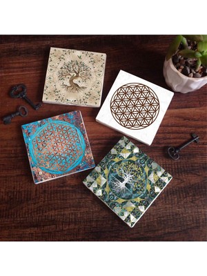 Rafta Pinecone Stone Yaşam Çiçeği, Hayat Ağacı Taş Bardak Altlığı Seti - 4 Parça - Dekoratif, Rustik Mutfak Aksesuarı, 10X10 Cm, Kaydırmaz Tabanlı, Şık ve Dayanıklı SC106