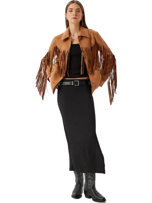 Rafta Midi Boy Kalem Etek Yandan Yırtmaçlı Dokulu Slim Fit Standart Bel