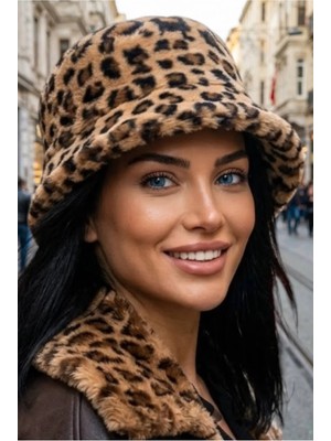 Tezzgelsin Kadın Leopar Desenli Peluş Kışlık Bucket Kova Şapka