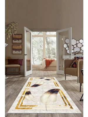 Rafta Pelangi Gold Çerçeveli Kuş Tüylü Yıkanabilir Kaymaz Taban Leke Tutmaz Modern Salon Halısı ve Yolluk, Gold-Bej 180 x 280, 7457109518028005