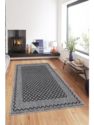 Rafta Pelangi Gri Kenar Işleme Yıkanabilir Kaymaz Taban Leke Tutmaz Modern Salon Halısı ve Yolluk, Koyu Gri-Siyah 130 x 180, 135809213018005