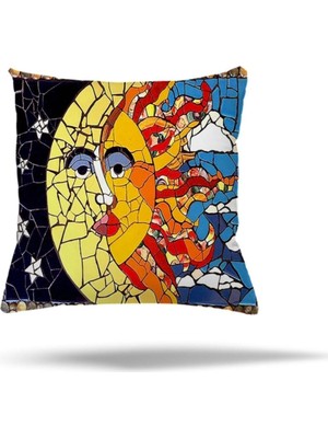 Rafta Pelangi Mozaik Güneş Ay Etnik Desen Gizli Fermuarlı Yastık Kılıfı Kırlent Kılıfı Koltuk Yastık Kılıfı, Sarı-Kırmızı 45 x 45