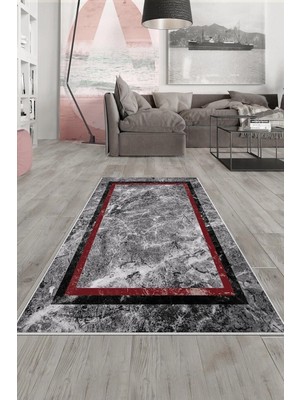 Rafta Pelangi Gri Mermer Bordo Şerit Işleme Yıkanabilir Kaymaz Taban Leke Tutmaz Modern Salon Halısı ve Yolluk, Gri-Bordo 160 x 300, 1358067160300728