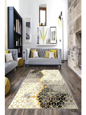 Rafta Pelangi Gold Zemin Geometrik Petek Desen Yıkanabilir Kaymaz Taban Leke Tutmaz Modern Salon Halısı ve Yolluk, Gold-Krem 80 x 150, 745711978015005