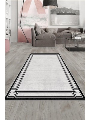 Rafta Pelangi Gri Çerçeve Kenar Işlemeli Yıkanabilir Kaymaz Taban Leke Tutmaz Modern Salon Halısı ve Yolluk, Açık Gri-Siyah 100 x 150, 135809110015005