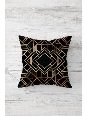 Rafta Pelangi Gold Geometrik Desenli Çift Tarafı Baskı Gizli Fermuarlı Yastık Kılıfı Kırlent Koltuk Yastık Kılıfı, Siyah-Gold 45 x 45, 24691220845451