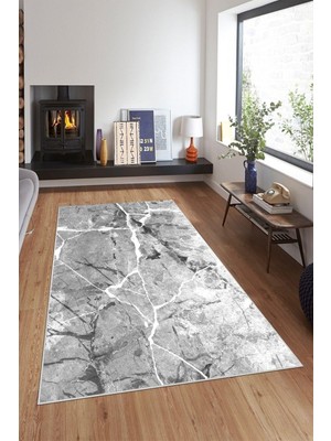 Rafta Pelangi Gri Zemin Mermer Desenli Yıkanabilir Kaymaz Taban Leke Tutmaz Modern Salon Halısı ve Yolluk, Gri-Beyaz 160 x 240