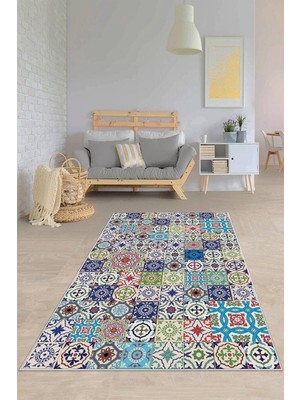 Rafta Pelangi Çok Renkli Mozaik Desenli Yıkanabilir Kaymaz Taban Leke Tutmaz Modern Salon Halısı ve Yolluk, Çok Renkli 80 x 200, 135822080200728