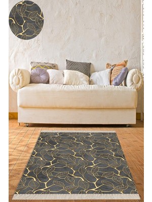 Rafta Pelangi Gold Yaprak Desenli Dijital Baskı Yıkanabilir Kaymaz Taban Klasik Salon Halısı Gri, Gri-Gold 180 x 180