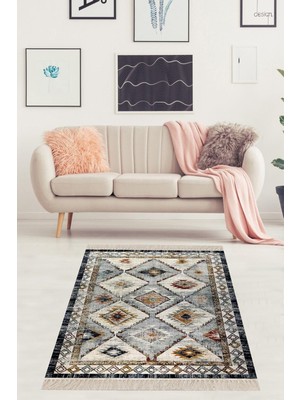 Rafta Pelangi Kilim Desenli Etnik Dijital Baskı Yıkanabilir Kaymaz Taban Modern Salon Halısı ve Yolluk, Gri 120 x 180