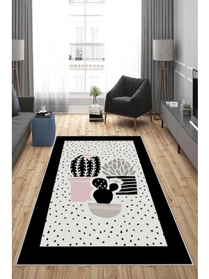 Rafta Pelangi Gri Renkli Kaktüs Desenli Yıkanabilir Kaymaz Taban Leke Tutmaz Modern Salon Halısı ve Yolluk, Siyah-Gri 100 x 300, 135819010030005