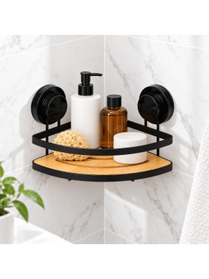 Rafta Deconox Metal Bambu Banyo Rafı Tekli Köşe, Üçgen Yapışkanlı Duş Rafı, Delmeden Duvar Tipi Şampuanlık Organizer, 17 x 20 cm