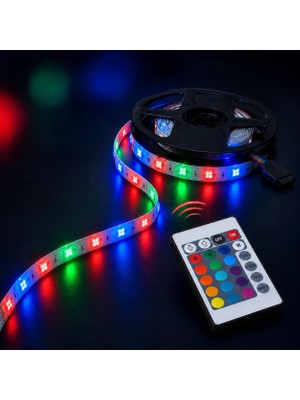 Rafta 5 Metre Rgb Şerit LED Seti – Kumandalı, Adaptörlü, 12V, 4W, 16 Renk ve Işık Modlu Dekoratif Aydınlatma