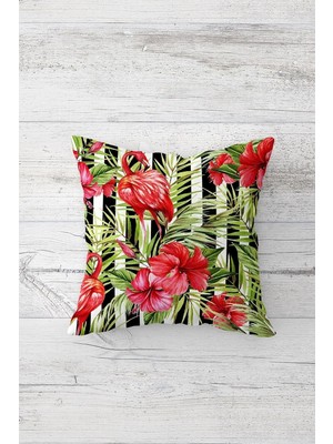 Rafta Pelangi Tropikal Tema Flamingo Çift Tarafı Baskı Gizli Fermuarlı Yastık Kılıfı Kırlent Koltuk Yastık Kılıfı, Nar Çiçeği-Yeşil-Siyah 45 x 45, 24691256745451