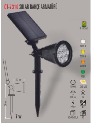 Rafta Cata CT-7310G 7W Güneş Enerjili Bahçe Armatürü, 3200K, Gün Işığı