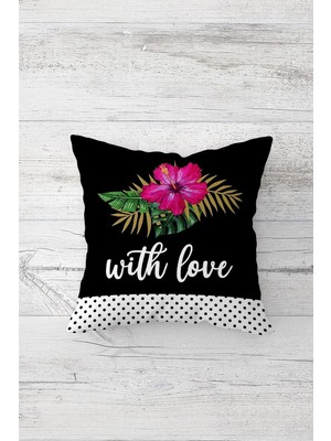 Rafta Pelangi With Love Pembe Çiçekli Çift Tarafı Baskılı Gizli Fermuarlı Kırlent Koltuk Yastık Kılıfı, Siyah-Beyaz 45 x 45