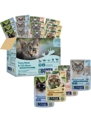 Rafta Bozita Balık ve Etli Soslu Atıştırmalık Çoklu Kutu 12 x 85 G Pouch - Kediler Için Porsiyon Torbasında Islak Mama