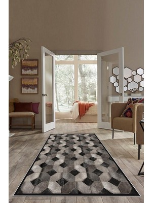 Rafta Pelangi Gri Dana Desenli Patchwork Yıkanabilir Kaymaz Taban Leke Tutmaz Modern Salon Halısı ve Yolluk, Gri 100 x 200, 74571093100200728