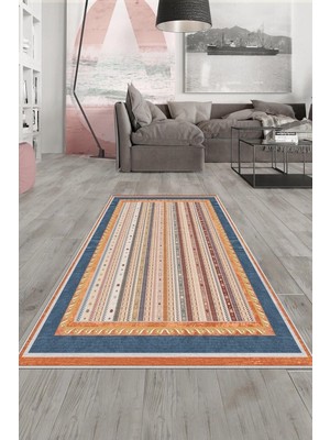 Rafta Pelangi Vizon Kilim Desenli Mavi Çerçeve Yıkanabilir Kaymaz Taban Leke Tutmaz Modern Salon Halısı ve Yolluk, Mavi-Turuncu 180 x 250, 135809018025005