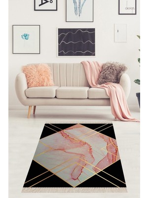 Rafta Pelangi Geometrik Mermer Desenli Gold Dijital Baskı Yıkanabilir Kaymaz Taban Leke Tutmaz Modern Salon Halısı, Siyah-Pembe-Gold 80 x 300