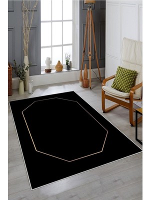 Rafta Pelangi Siyah Zemin Sekizgen Çerçeveli Yıkanabilir Kaymaz Taban Leke Tutmaz Modern Salon Halısı ve Yolluk, Siyah-Gold 130 x 180, 7457115913018005