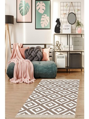 Rafta Pelangi Geometrik Baklava Dilimi Karo Desenli Dijital Baskı Yıkanabilir Kaymaz Taban Modern Salon Halısı, Vizon 100 x 150