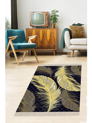 Rafta Pelangi Kuş Tüyü Desenli Gold Geometrik Dijital Baskı Yıkanabilir Modern Salon Halı ve Yolluk, Siyah-Sarı 180 x 280