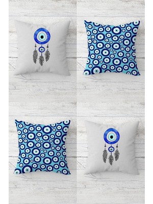Rafta Pelangi Naza Boncuğu Dream Catcher Nazarlık Gizli Fermuarlı Kırlent Kılıfı Koltuk Yastık Kılıfı TAKIM(4ADET), Mavi - Açık Gri 45 x 45