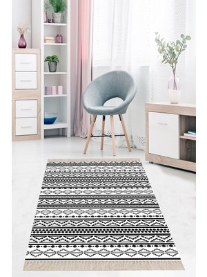 Rafta Pelangi Geometrik Çizgi Desenli Dijital Baskı Yıkanabilir Kaymaz Taban Etnik Kilim Desen Salon Halı, Siyah-Beyaz 130 x 180