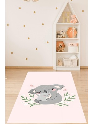 Rafta Pelangi Koala ve Yavru Koala Hayvan Desenli Yıkanabilir Kaymaz Taban Leke Tutmaz Çocuk Odası Halısı, Pembe-Gri 60 x 120, 907642023360120