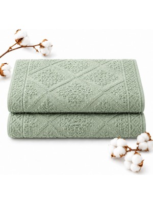 Rafta Sogud Valmia 2'li Banyo Ayak Havlusu Seti -%100 Pamuk Jakarlı Kabartmalı 50X70 cm - Yumuşak Emici Duş Önü Paspası - Kayma Yapmayan Çeyizlik Banyo Havlusu - Su Yeşili