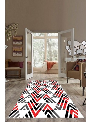 Rafta Pelangi Kırmızı Geometrik Desen Renk Geçili Yıkanabilir Kaymaz Taban Leke Tutmaz Modern Salon Halı ve Yolluk, Kırmızı 100 x 150, 7457124110015005