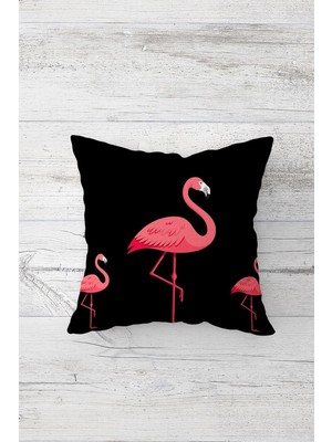 Rafta Pelangi Flamingo Desenli Çift Tarafı Baskılı Gizli Fermuarlı Yastık Kılıfı Kırlent Koltuk Yastık Kılıfı, Siyah-Fuşya 45 x 45, 24691152545451