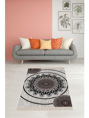 Rafta Pelangi Mandala Desenli Etnik Dijital Baskı Yıkanabilir Kaymaz Taban Leke Tutmaz Salon Halısı ve Yolluk, Gri-Antrasit 80 x 200, 99028020005