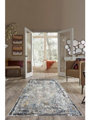 Rafta Pelangi Gri Eskitme Desenli Yıkanabilir Kaymaz Taban Leke Tutmaz Modern Salon Halısı ve Yolluk, Mavi-Gri 80 x 300, 7457122680300728