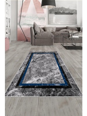 Rafta Pelangi Gri Mermer Mavi Şerit Işlemeli Yıkanabilir Kaymaz Taban Leke Tutmaz Modern Salon Halısı ve Yolluk, Gri-Mavi 80 x 300, 135806680300728