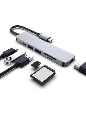 Rafta Nekuba Macbook Pro Huawei Dell ile Uyumlu Type C To 4K HDMI + USB 3.0 + Sd/tf + Pd + Type-C, Taşınabilir 7in1 Adaptör