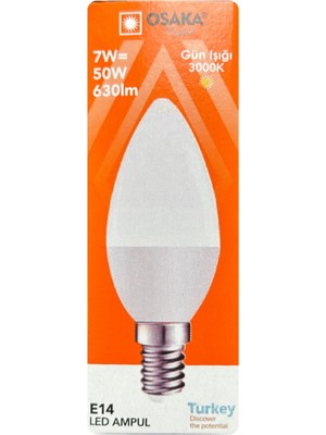 Rafta Osaka 7W LED Mum Ampul, 50W Eşdeğer, Sarı Işık 3000K, E14 Duy