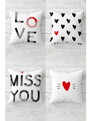 Rafta Pelangi Miss You Love Sevgili Temalı Gizli Fermuarlı Kırlent Kılıfı Koltuk Yastık Kılıfı TAKIM(4ADET), Gri-Kırmızı-Beyaz 43 x 43