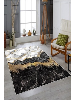 Rafta Pelangi Siyah Gold Çizgili Mermer Desenli Yıkanabilir Kaymaz Taban Leke Tutmaz Modern Salon Halısı ve Yolluk, Siyah-Gold 80 x 600, 7457116880600728