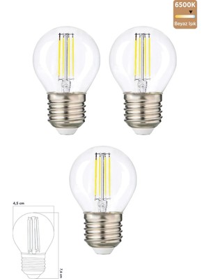 Rafta Edison G45 Şeffaf Cam E27 Mini LED Ampul, 6500 Kelvin Beyaz Işık, 3 Adet