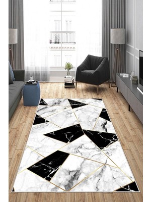 Rafta Pelangi Beyaz Mermer Desenli Gold Detay Yıkanabilir Kaymaz Taban Leke Tutmaz Modern Salon Halısı ve Yolluk, Beyaz-Gold 100 x 400, 1358191100400728