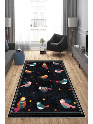 Rafta Pelangi Lacivert Kuş Desenli Yıkanabilir Kaymaz Taban Leke Tutmaz Modern Salon Halısı ve Yolluk, Lacivert 40 x 40, 1358217404005