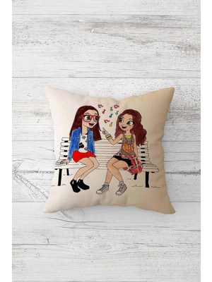 Rafta Pelangi Best Friend Forever Çift Tarafı Baskılı Gizli Fermuarlı Yastık Kılıfı Kırlent Koltuk Yastık Kılıfı, Krem-Mavi 45 x 45, 2469124945451