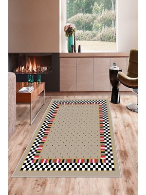 Rafta Pelangi Vizon Dama ve Kilim Desenli Yıkanabilir Kaymaz Taban Leke Tutmaz Modern Salon Halısı ve Yolluk, Kahve-Renkli 120 x 180, 135831412018005