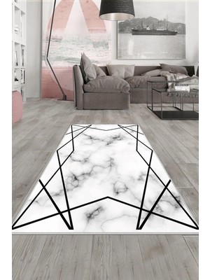 Rafta Pelangi Beyaz Siyah Şeritli Mermer Yıkanabilir Kaymaz Taban Leke Tutmaz Modern Salon Halısı ve Yolluk, Siyah-Beyaz 100 x 600, 1358057100600728