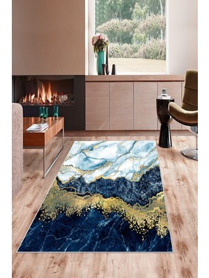 Rafta Pelangi Mavi Mermer Desenli Yıkanabilir Kaymaz Taban Leke Tutmaz Modern Salon Halısı ve Yolluk, Petrol Mavi-Beyaz 130 x 180
