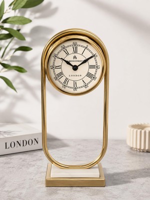 Rafta Gold Metal Dekoratif Masa Saati – Mermer Tabanlı Vintage Ofis ve Salon Saati
