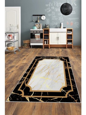Rafta Pelangi Vizon Mermer Siyah Kenar Yıkanabilir Kaymaz Taban Leke Tutmaz Modern Salon Halısı ve Yolluk, Siyah-Beyaz 160 x 250, 1358259160250728